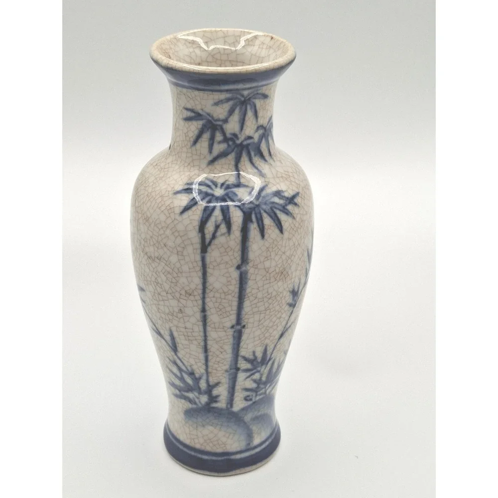 Blue and White Chinese  Bamboo Crackle Glaze Ceramic Bud Vase Vintage Style